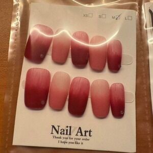 Nail Art Ombre Red Pink False Nails Medium Almond Shape Press‎ On Full Cover